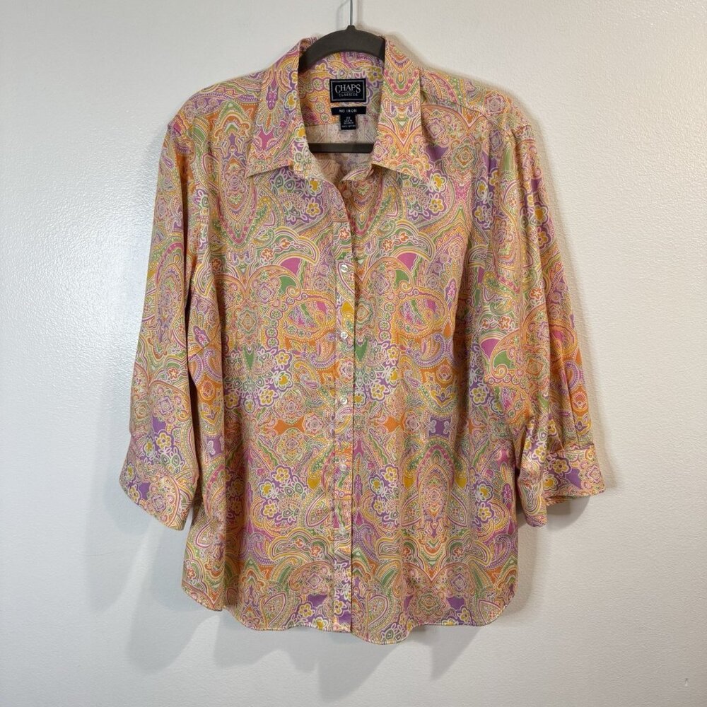 Chaps Shirt Blouse 2X Button Front Colorful Paisley Floral No Iron 100% Cotton